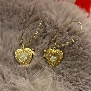 Gold Heart Locket Earrings with Floral Design
